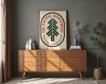 Pacific Northwest Retro Pine Poster | Mid Century Cascadia Wall Art Print