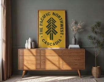 Pacific Northwest Cascadia Poster | Mid Century Pine Tree PNW Wall Art (Print Only)