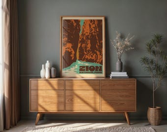 Zion Narrows Poster | Zion National Park Mid Century Travel Poster Retro Utah Landscape Wall Art Virgin River Canyon Print