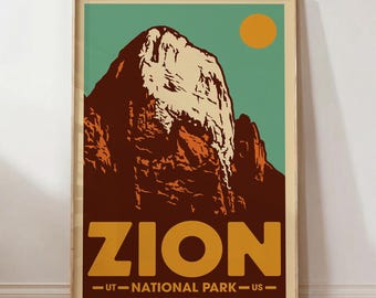 Great White Throne Zion Poster | Zion National Park Mid Century Travel Poster Retro Utah Canyon Wall Art