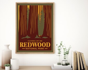 May include: A framed Redwood National Park poster. The artwork features a stylized illustration of redwood trees in shades of brown, green, and yellow. The text "REDWOOD NATIONAL PARK" is displayed in a bold, vintage font, with "CALIFORNIA | EST. 1968" above.