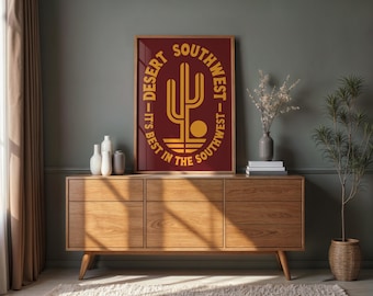Desert Southwest Saguaro Cactus Mid Century Poster | Retro Sun Wall Art