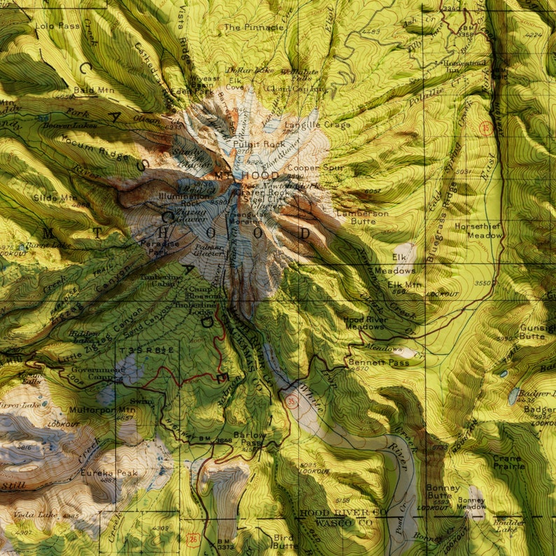 Mount Hood Oregon Map Poster Shaded Relief Topographical Map Etsy