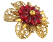 Antique Celluloid Red Bloom Brooch - Vintage Costume Jewelry large Big Bold Faux Filigree Flower floral Daisy Clear Painted Gold Victorian