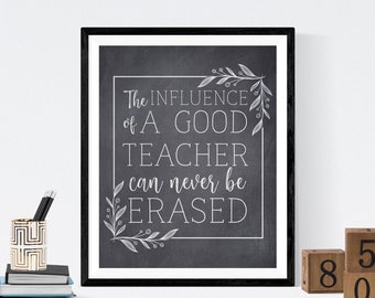 End of Year Gift for Teacher, Printable Poster, Teacher Appreciation Chalkboard Print | The Influence of a Good Teacher Can Never Be Erased