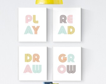 Playroom Wall Art, Play Read Draw Grow Set of Four Prints in Bright Colors, Bold Typography, Retro Font, Kids Room Decor