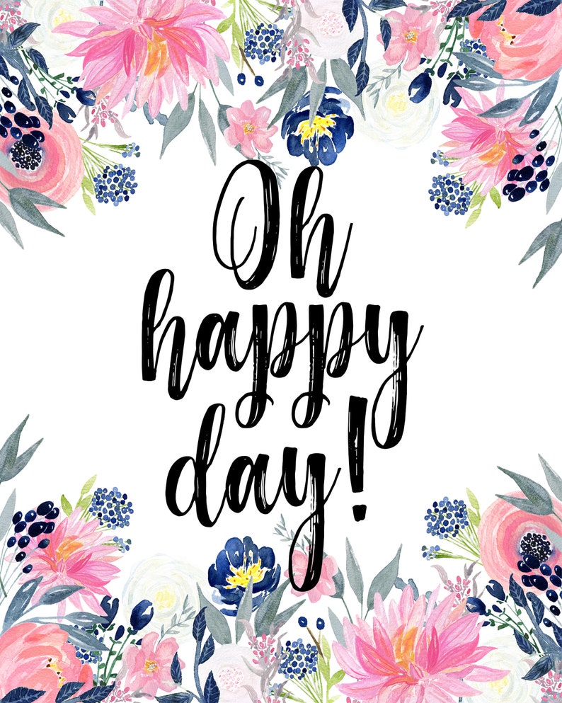 Oh Happy Day Printable Quote Navy Blue and Pink Floral Wall - Etsy