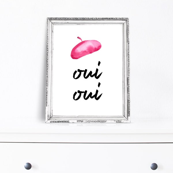 Oui Oui Print, French Printable, Printable Decor, Dorm Decor, Vanity Art, Beret Poster, Raspberry Beret, Pink Beret, Yes Sign, Word Art