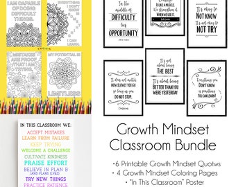 Growth Mindset Classroom Bundle: Set of 6 Mindset Quote Prints, Classroom Poster, Four Growth Mindset Coloring Pages, Classroom Decor