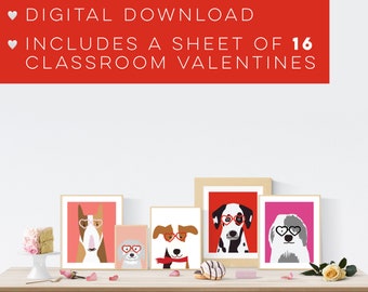 Valentines Day Decor, Valentine Printable, Printable Class Valentines, Valentines Day Dogs with Heart Glasses, Dog Lover, Valentines Party