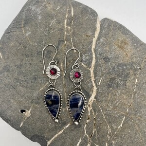 Sodalite and Rhodonite Garnet double stone set in Oxidized Sterling Silver Dangle Earrings with beaded wire and textured detail