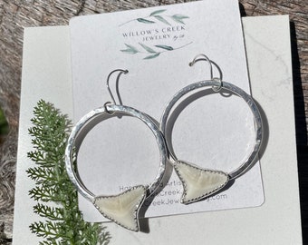 Fossilized Shark Tooth Sterling Silver Hammered Texture Hoop Earrings