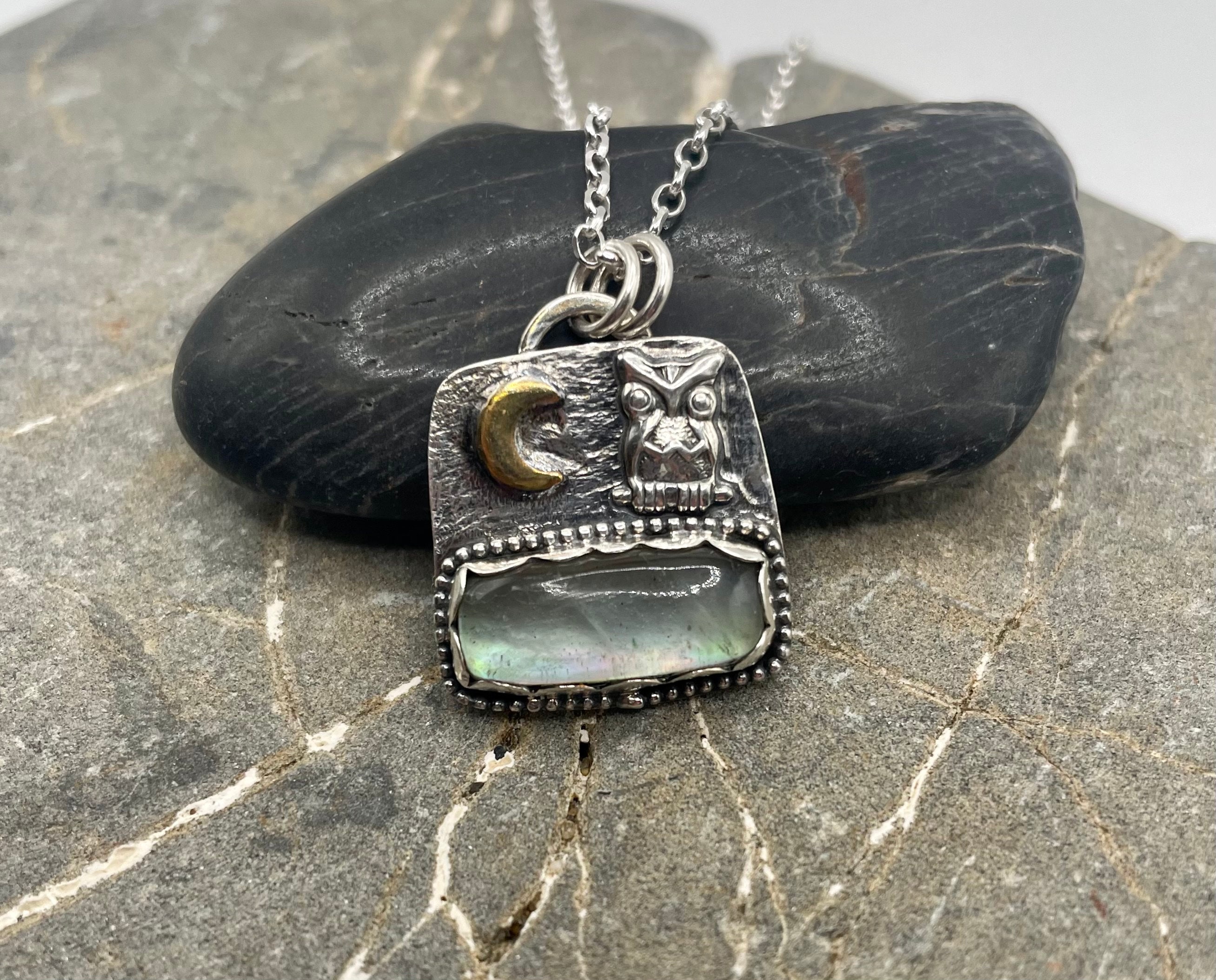 Fluorite with a sterling silver owl and brass moon pendant on a sterling silver chain Necklace - Tex