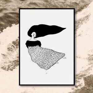 Sea Her Art Print | Black and White Line Drawing | Woman Flying with Flowing Hair | Minimalist Dreamy Wall Art | Modern Boho Decor image 1