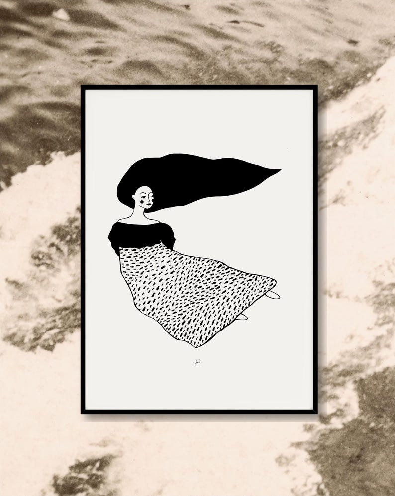 Sea Her Art Print | Black and White Line Drawing | Woman Flying with Flowing Hair | Minimalist Dreamy Wall Art | Modern Boho Decor image 1