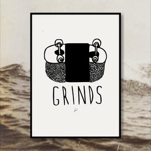 Grinds Art Print | Black and White Musubi with Skateboard | Surreal Hawaii Food Art Drawing