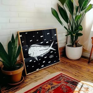 Mahi Kunstdruck | Schwarz und weiß Mahi-Mahi Fisch Zeichnung | Moderne Küstenlinie Kunst für Ozean-Liebhaber