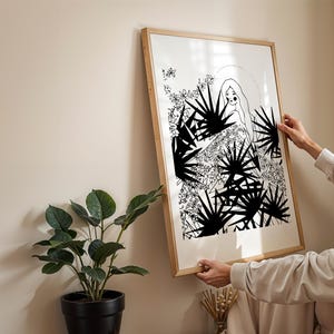 Impresión artística "Perdido pero no" / Dibujo botánico de mujer en blanco y negro / Arte lineal moderno inspirado en la jungla