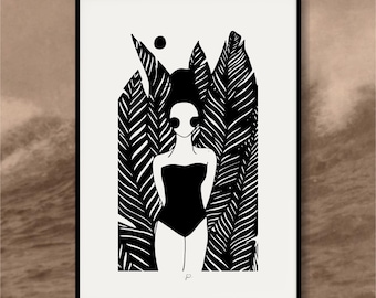 First Body Art Print | Black and White Botanical Drawing | Minimal Faceless Woman Wall Art