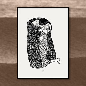 Klimt Inspired The Kiss Art Print | Romantic Line Drawing | Modern Love Wall Art | Couple Illustration | Gift for Lovers