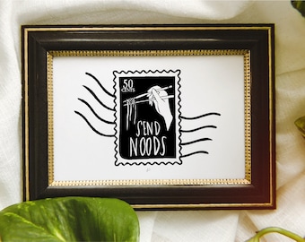 Send Noods Art Print | Minimal Art Drawing | Ramen drawing | foodie | black and white | line drawing | humorous art