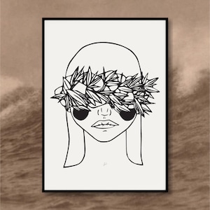 Lei No. 3 Art Print | Black and White Leaf Lei Crown Drawing | Minimalist Woman Line Art Portrait