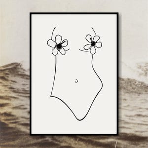Blühender Kunstdruck | Schwarzweiße weibliche Torso Zeichnung | Hibiskus botanische Akt Illustration | Minimalistische weibliche Wandkunst