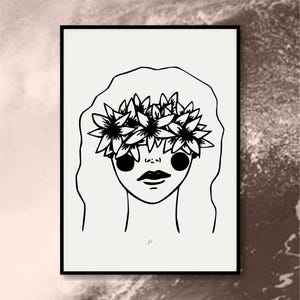 Impresión artística Lei n.° 1 / Dibujo de mujer con corona floral en blanco y negro / Retrato de Lei Poʻo en arte lineal moderno