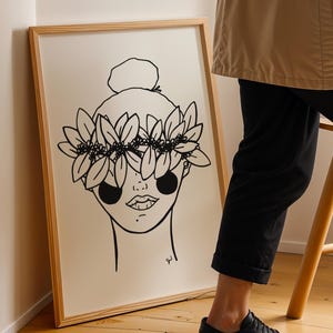Dibujo de línea de una dama en blanco y negro / Sunny Weeks / Decoración del hogar / Hogar moderno / Dibujo minimalista de una mujer / Dibujo de línea femenina / Dibujo de Haku Lei
