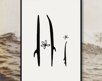 Stampa con disegno a linee di una tavola da surf / Arte murale minimalista costiera in bianco e nero