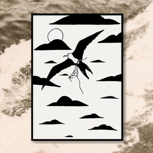ʻIwa Robbery Art Print | ʻIwa Bird Stealing Bikini Top | Black and White Surreal Line Drawing
