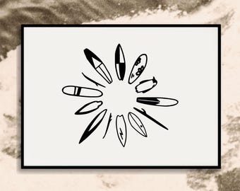 Blending In Art Print | Black and White Surfboard Lineup Drawing | Penguin Camouflage Illustration | Minimalist Surf Art | Coastal Decor