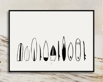 Surfbrett Lineup Druck | Surfbrett Zeichnung | Minimalistische Küstenwanddekoration | Brandungsdesign