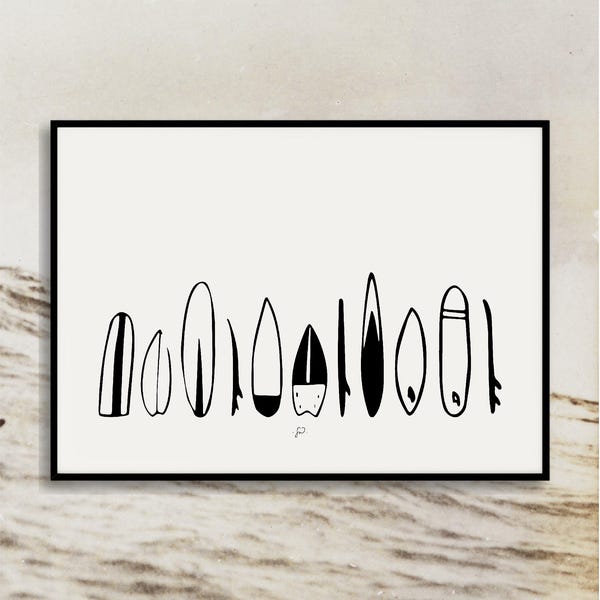 Surfboard Lineup Print | Black and White Surfboard Drawing | Minimalist Coastal Wall Decor | Surf Design
