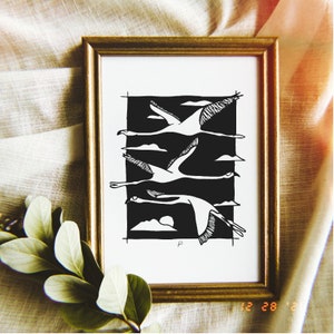 Flamingos in Flight | Black and White Flamingo Illustration