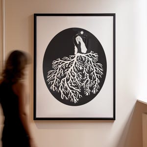 Impresión artística de perla / Dibujo lineal de sirena en blanco y negro / Ilustración de cola de coral en abanico / Arte mural minimalista oceánico / Decoración costera
