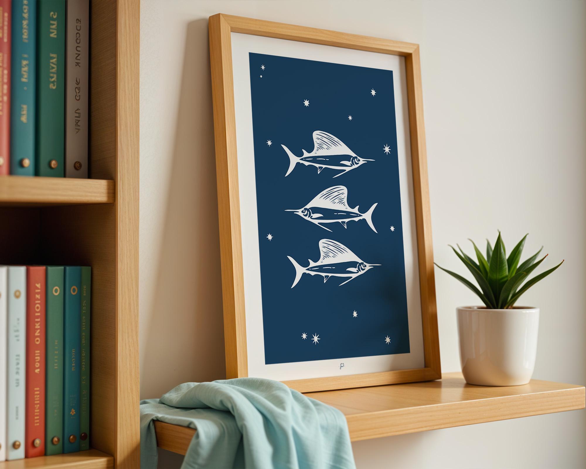 メカジキのウォールアートプリント | 海の魚のイラスト | 海岸の装飾