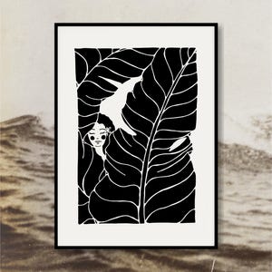 Bananen Mädchen Linie Kunstdruck | Sonnige Wochen | Schwarz und Weiß | Tropisches Wohndekor | Minimal Line Art | Minimale Frauenzeichnung