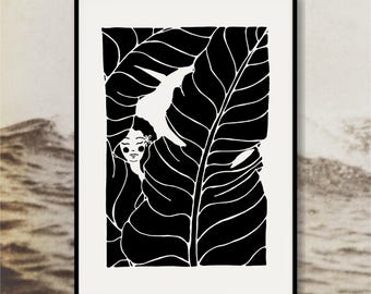 Banana Girl Line Art Print | Sunny Weeks | Black and White | Tropical Home Decor | Minimal Line Art | Minimal Woman Drawing