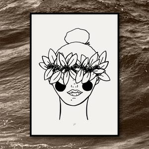 Lady Schwarzweiß Zeichnung | Sonnige Wochen | Wohnkultur | Modernes Zuhause | Minimalistische Frauen Zeichnung | Weibliche Linie Zeichnung | Haku Lei Zeichnung