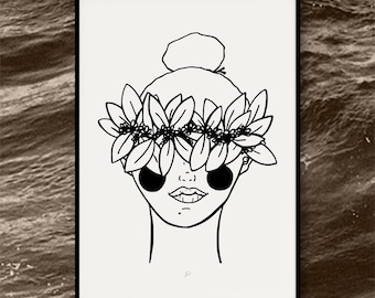 Lady Black and White Line Drawing | Sunny Weeks | Home Decor | Modern Home | Minimal Woman Drawing | Female Line Drawing | Haku Lei Drawing