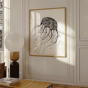 Jellyfish No. 1 Art Print | Stippled Black and White Jellyfish Drawing | Detailed Ocean Line Art