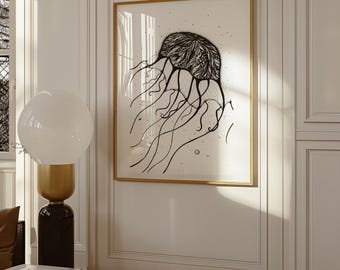 Jellyfish No. 1 Art Print | Stippled Black and White Jellyfish Drawing | Detailed Ocean Line Art