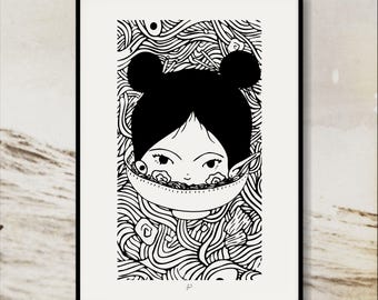 Fishcake Art Print | Surreal Ramen Drawing | Whimsical Girl in Noodle Design