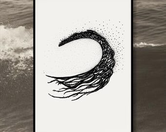 Grace Art Print | Black and White Wave Drawing | Minimal Ocean Line Art