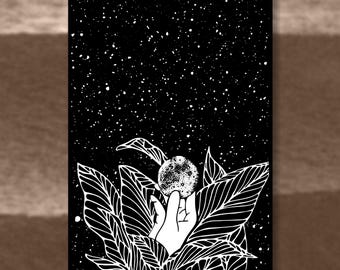 La Luna Moon Art Print | Hand and Moon Drawing | Botanical Celestial Wall Art | Black and White Starry Night Print | Witchy Decor
