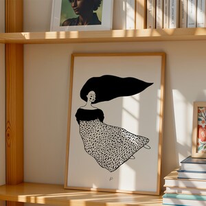 Sea Her Art Print | Black and White Line Drawing | Woman Flying with Flowing Hair | Minimalist Dreamy Wall Art | Modern Boho Decor image 2