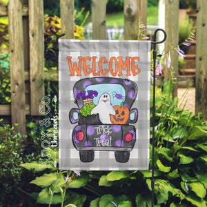 Halloween Garden Flag - Watercolor Trick or Treat Truck - Happy Fall - Fall Outdoor Decor - Cute Porch - Fall Flag