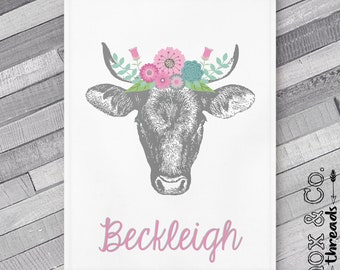 Personalized Cow Blanket - Steer - Floral Horns - Baby - Toddler - Teen - Country - Rustic - Farm Life - Vintage - Personalized Name Blanket