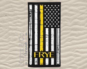 Personalized Beach Towel - Thin Yellow Line Beach Towel - Father's Day - Thin Gold Line - Dispatch - Public Service